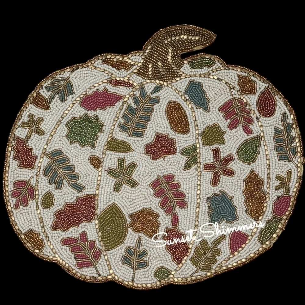 x4 Tahari Beaded Fall Leaf White Pumpkin Thanksgiving Placemat Chargers Set New